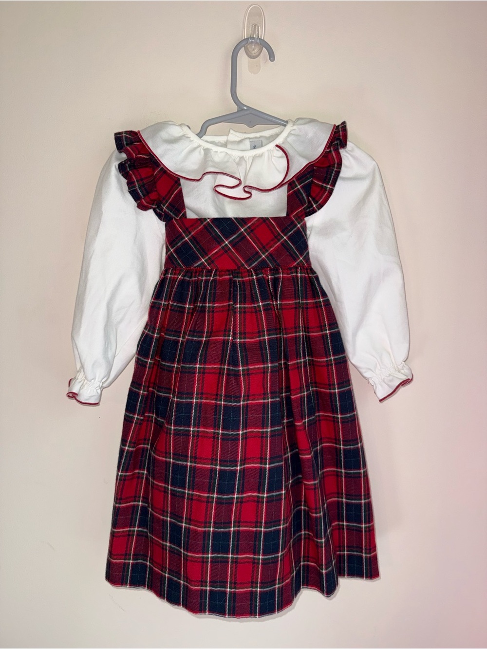 Girls' Red Plaid Pinafore Dress with White Ruffled Blouse